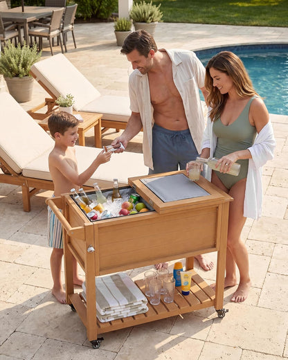 Rolling Outdoor Cooler Table – Wood Grain Ice Bucket 🧊🌿