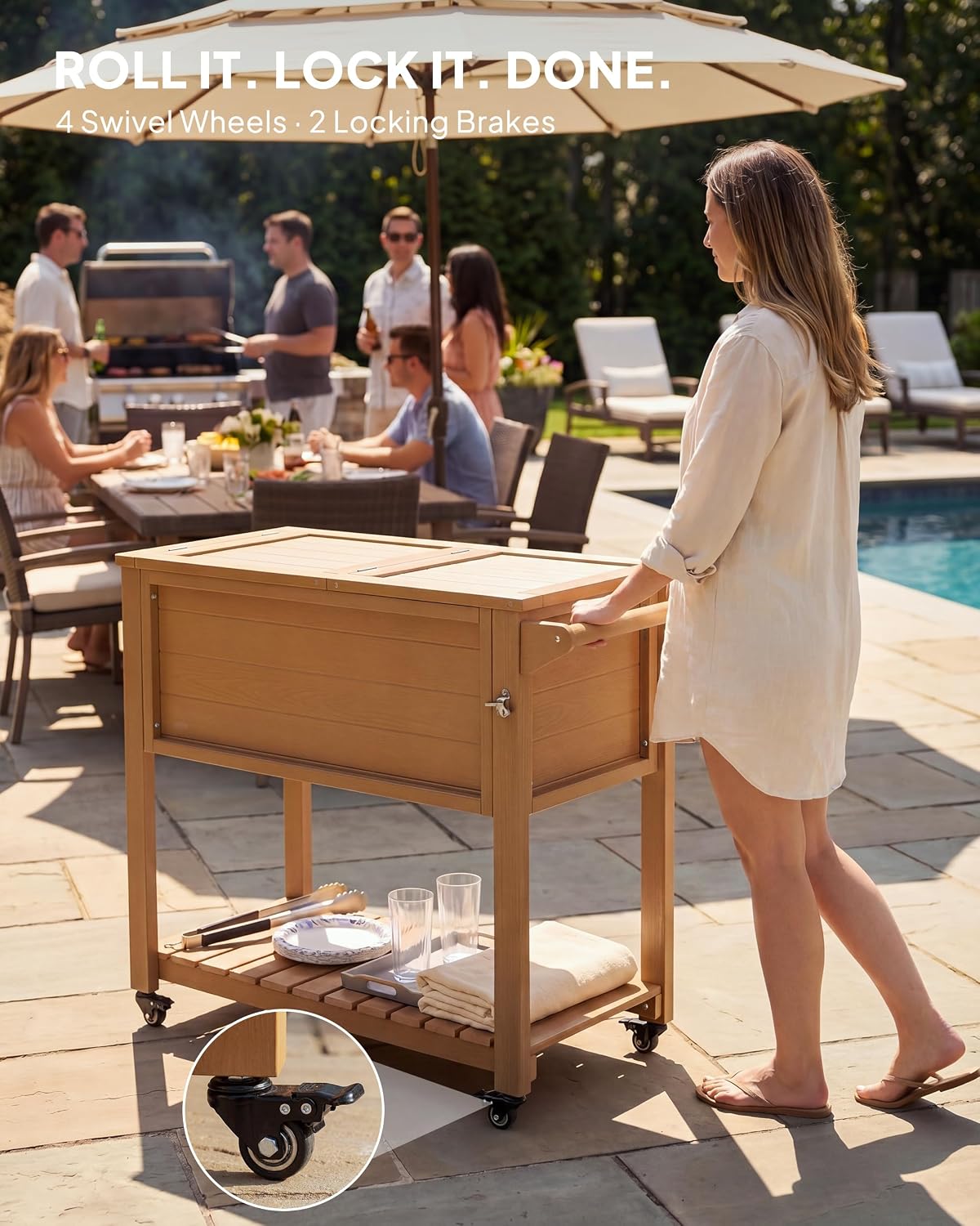 Rolling Outdoor Cooler Table – Wood Grain Ice Bucket 🧊🌿