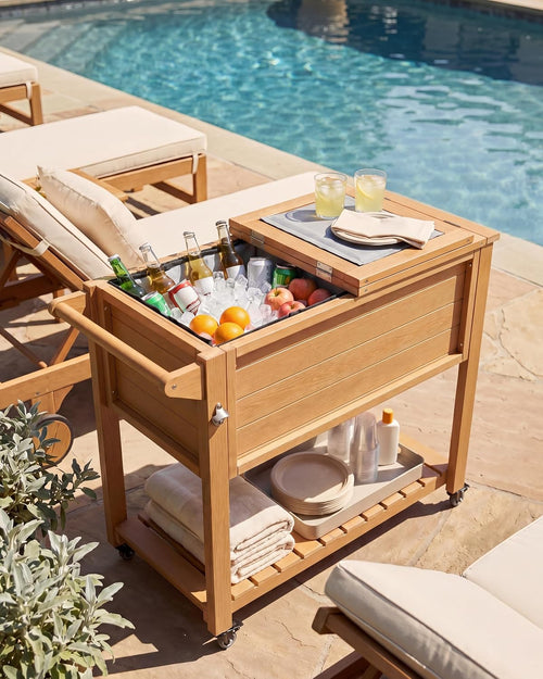 Rolling Outdoor Cooler Table – Wood Grain Ice Bucket 🧊🌿