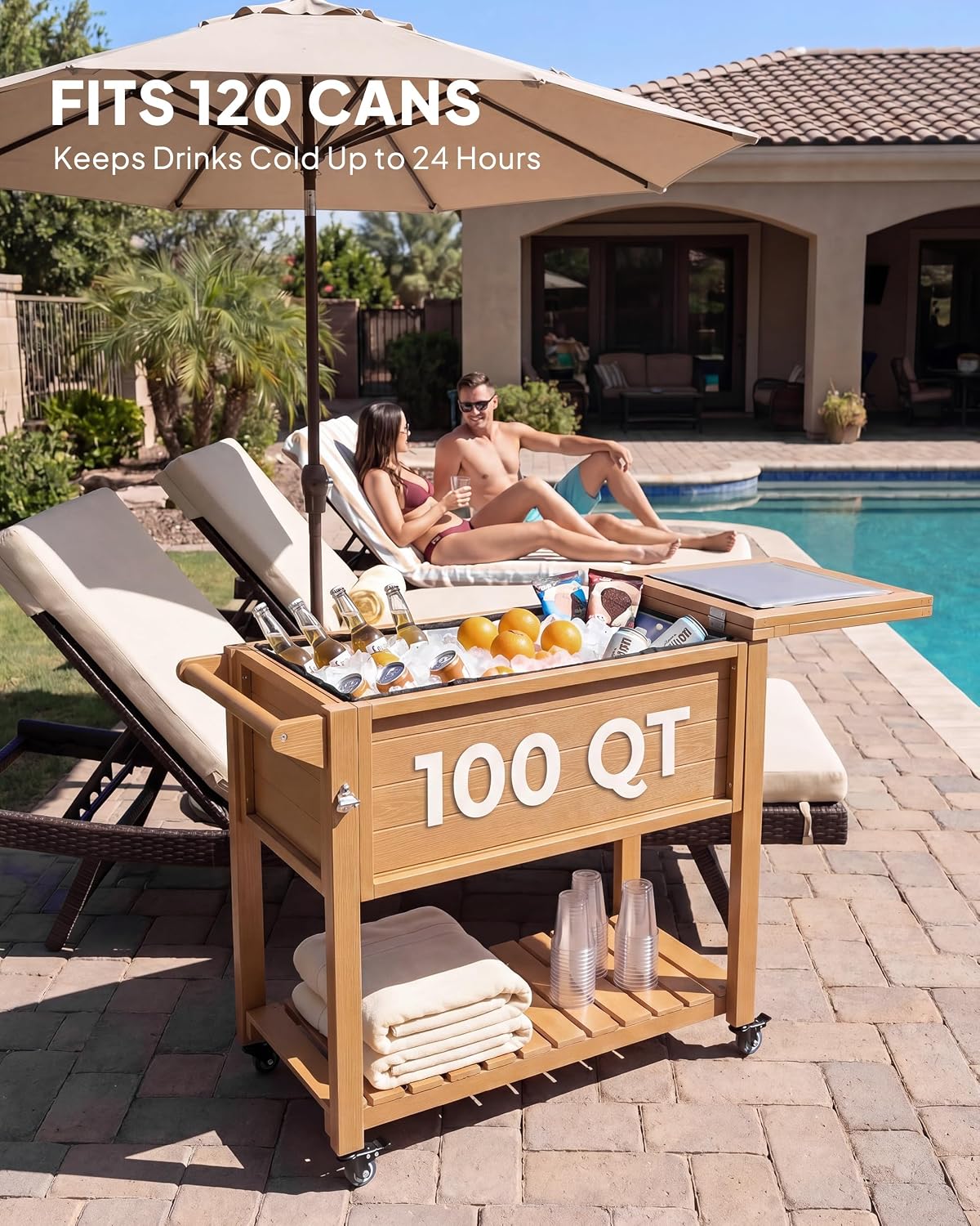 Rolling Outdoor Cooler Table – Wood Grain Ice Bucket 🧊🌿