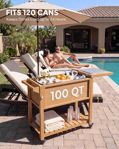 Rolling Outdoor Cooler Table – Wood Grain Ice Bucket 🧊🌿
